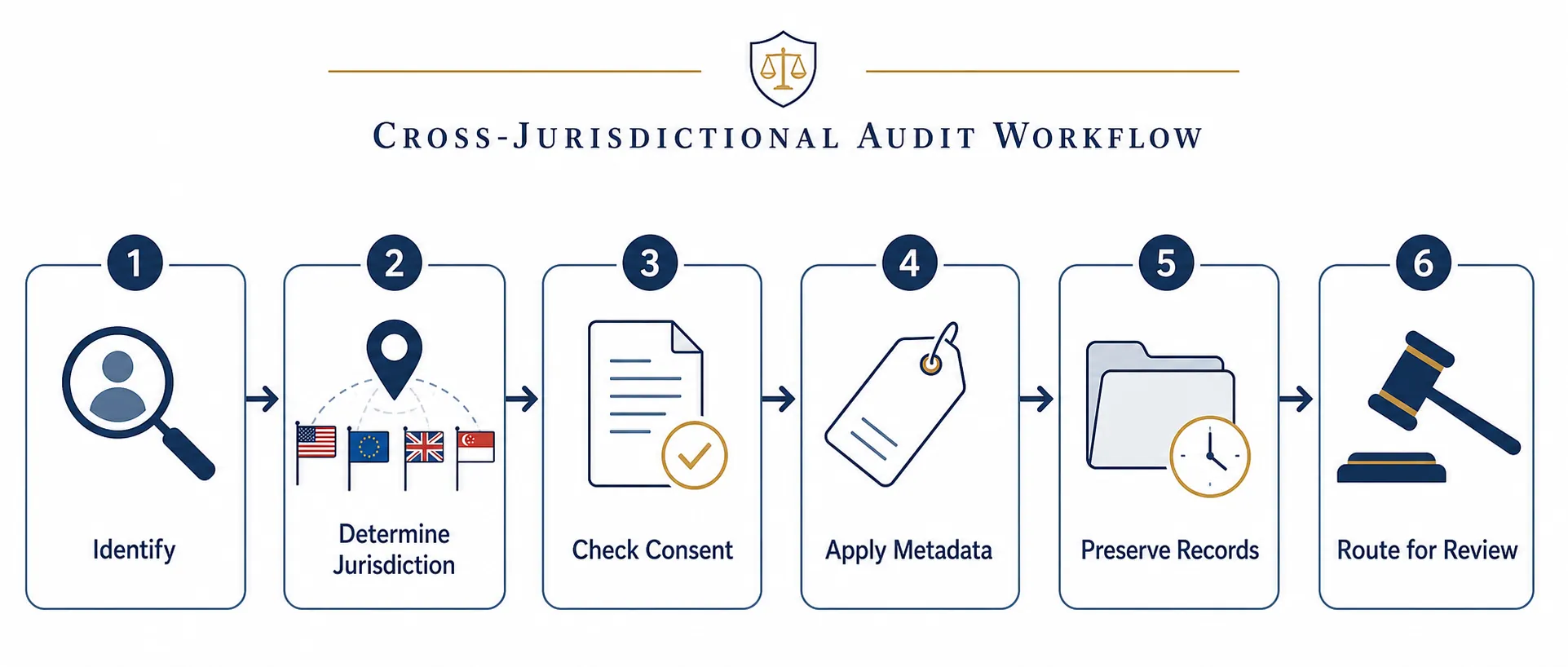 Six-step cross-jurisdictional audit workflow with nodes for identify, determine jurisdiction, check consent, apply metadata, preserve records, and route for review