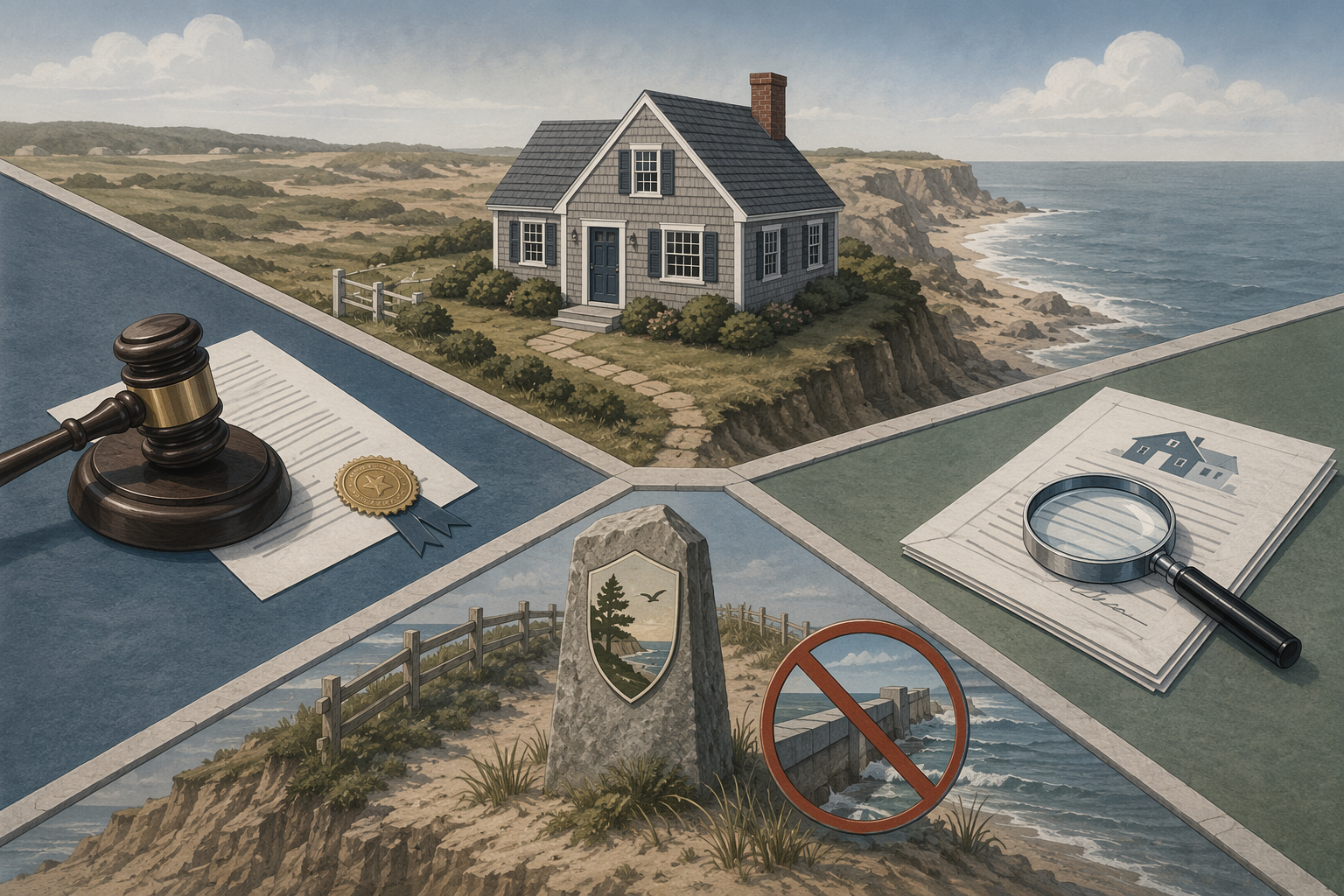 Illustration of a coastal house between caveat emptor, lender due diligence, and Cape Cod National Seashore restrictions