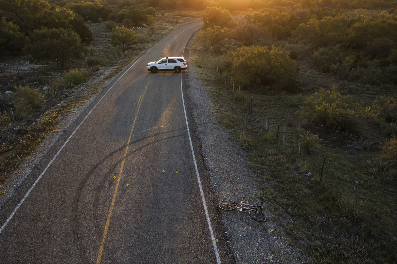 Aerial forensic-style view of a rural Texas road with reverse skid marks, evidence markers, a fallen bicycle, and an SUV