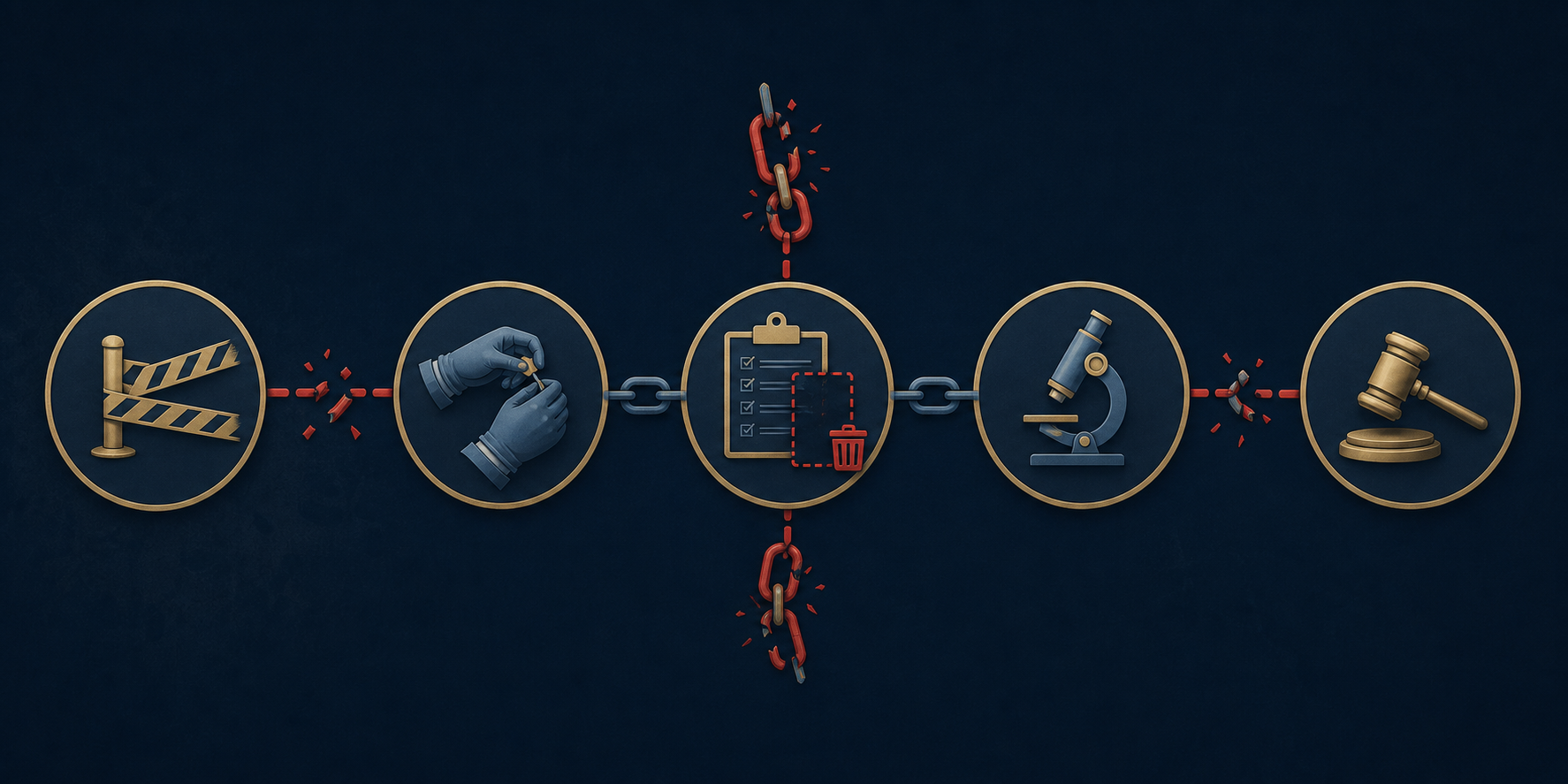 Evidence processing chain showing scene, collection, logging, analysis, and courtroom stages with broken links at collection and logging