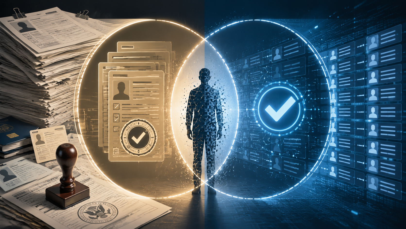Two overlapping verification gateways, one documentary and one AI-driven, catching a citizen silhouette in the intersection
