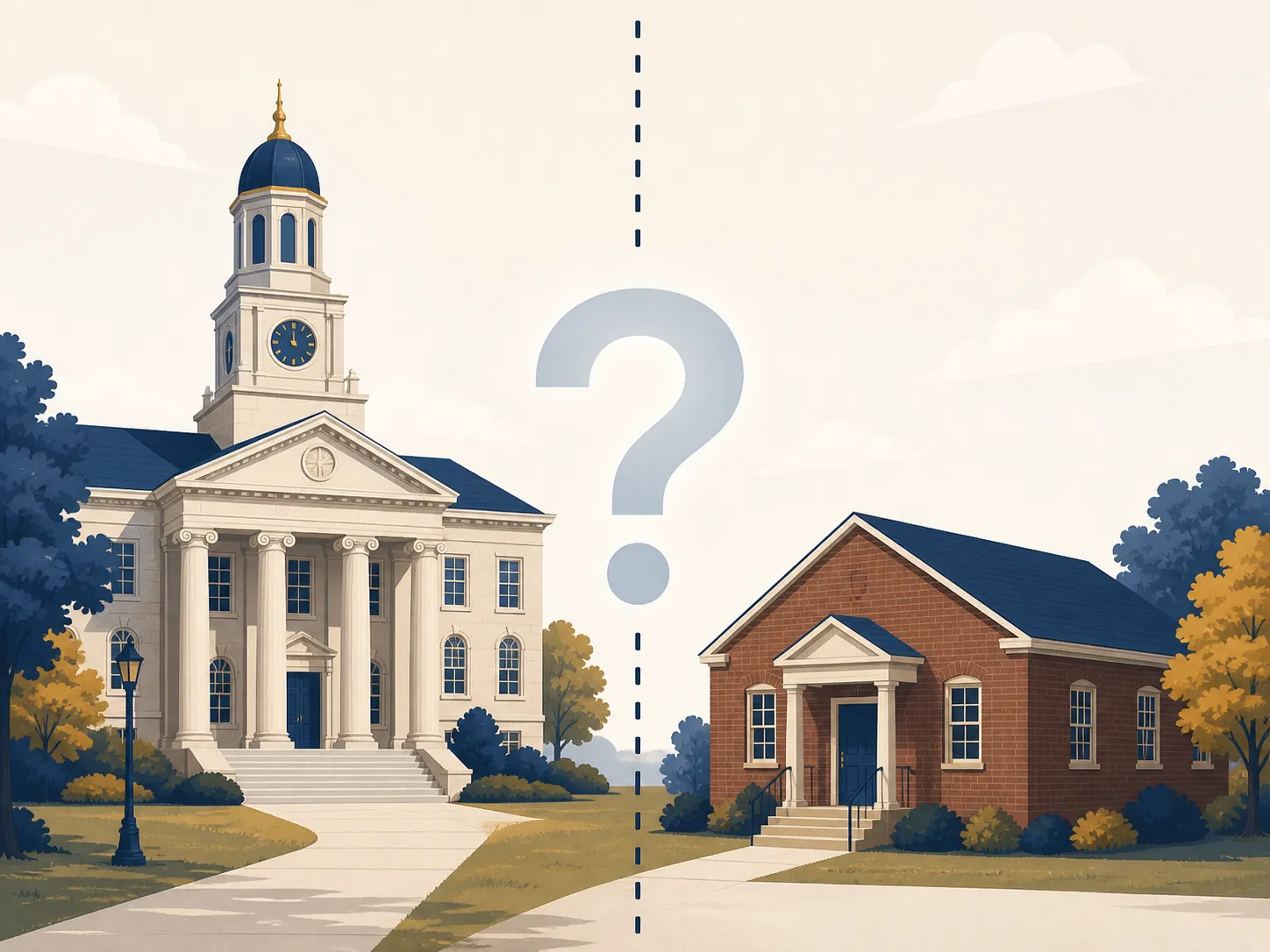 A university building and a separate alumni chapter building divided by a dashed boundary and question mark