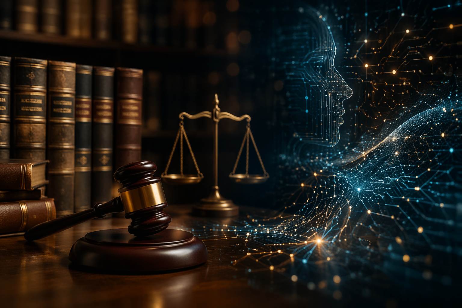 Wooden gavel and law books transitioning into digital circuit patterns