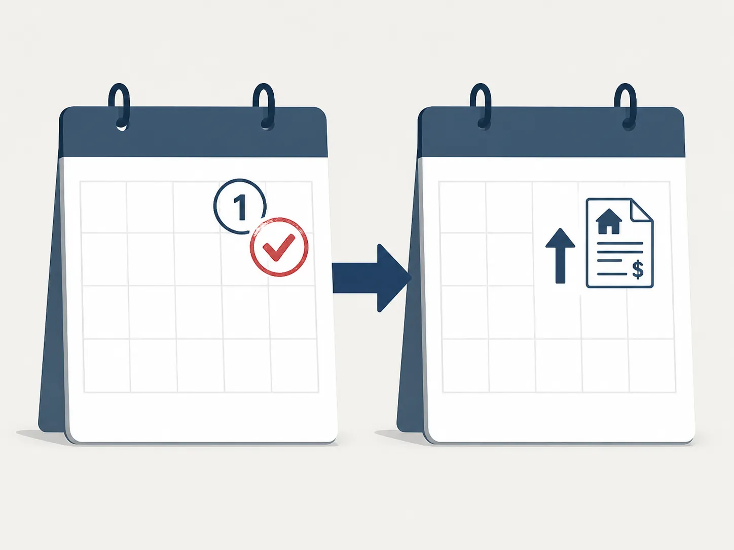 Two calendar sheets showing that the prior month’s data release determines the next month’s rent ceiling