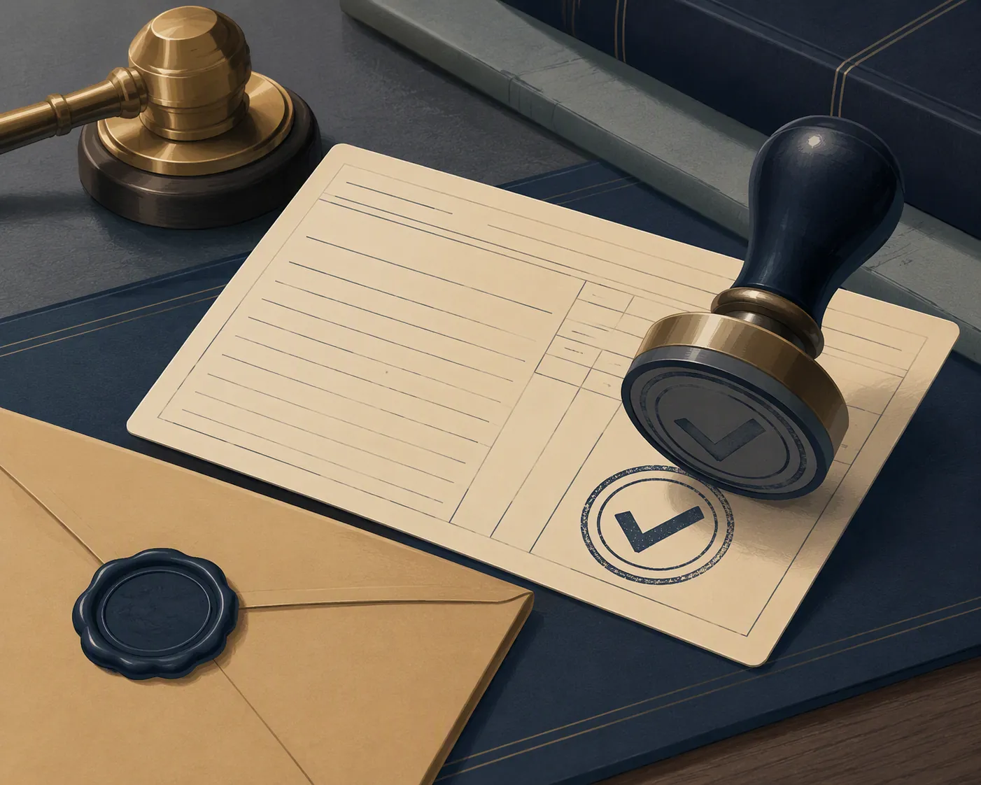 Courthouse docket record card stamped with a checkmark beside a sealed envelope and gavel