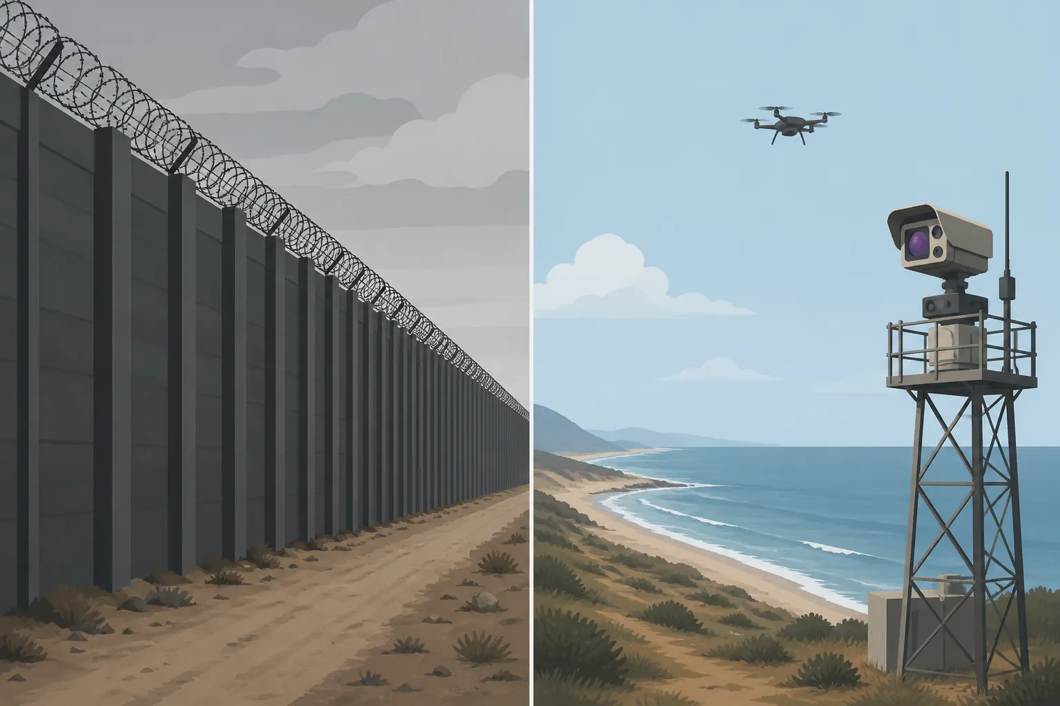 Illustration contrasting a razor-wire border fence with an open coastline watched by a surveillance tower, thermal camera, and drone