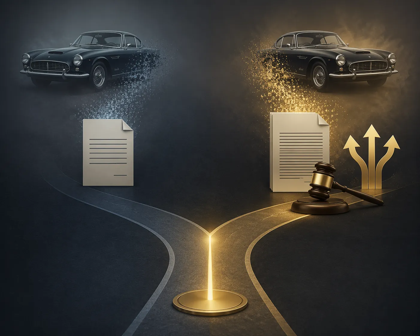 Split path from a classic car silhouette toward a contract document or a legal document with amplified consequences