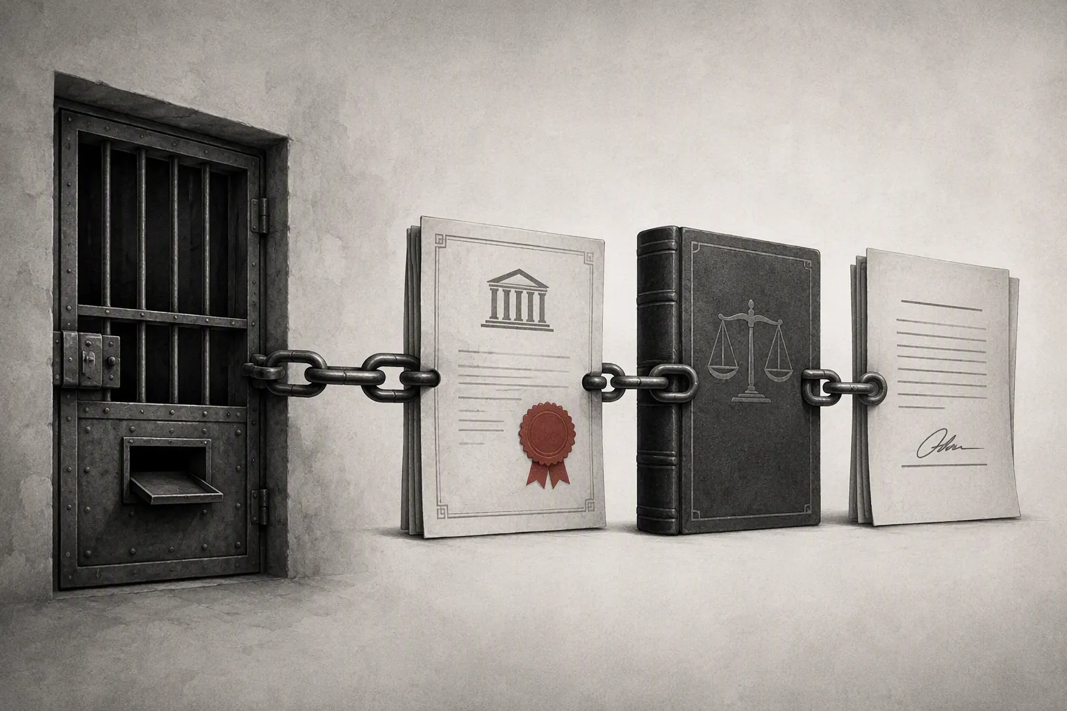 A chain linking a prison cell door to a stamped court order, statute book, and settlement document
