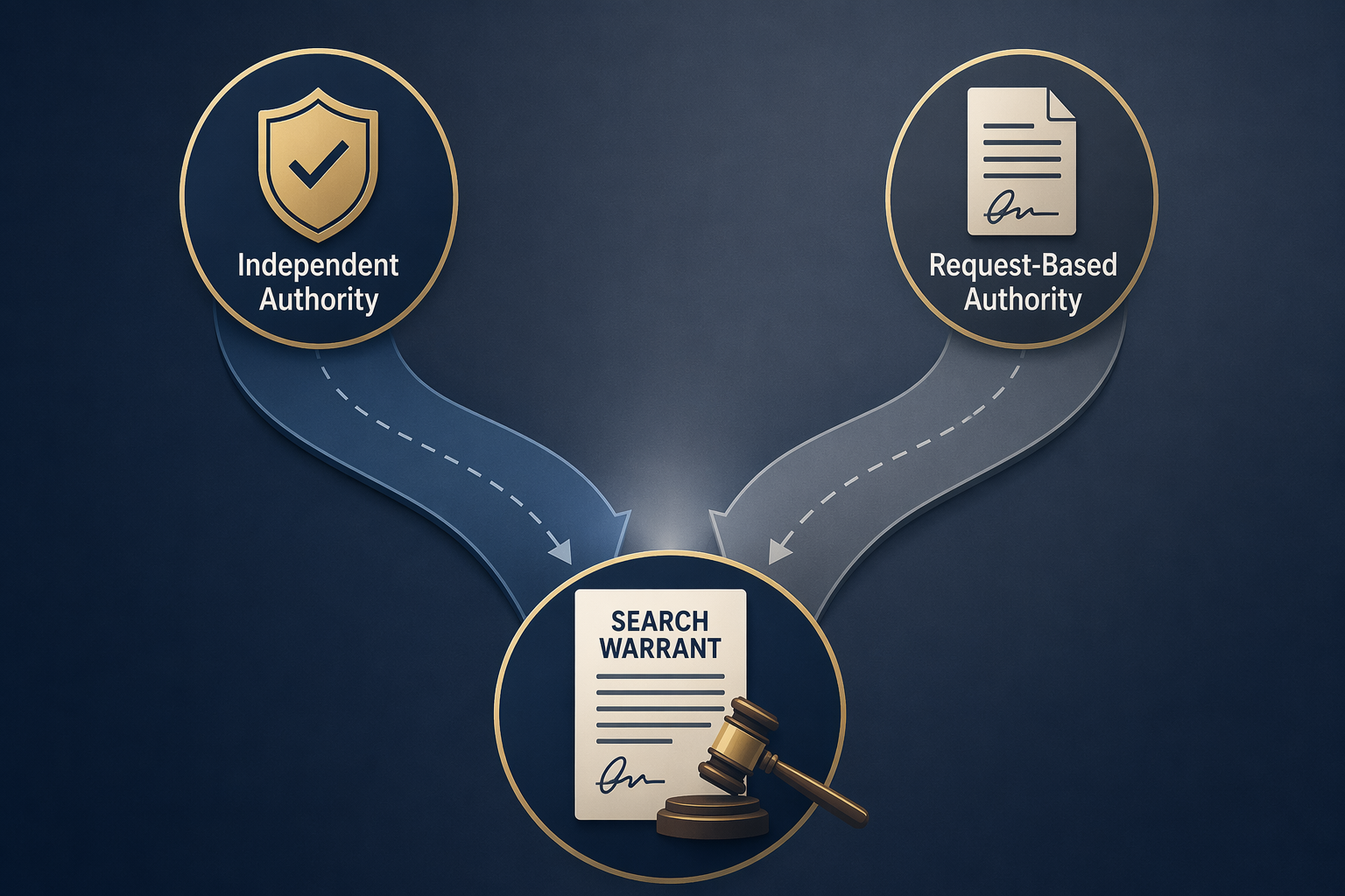 Two authority pathways labeled independent authority and request-based authority converging toward a search warrant