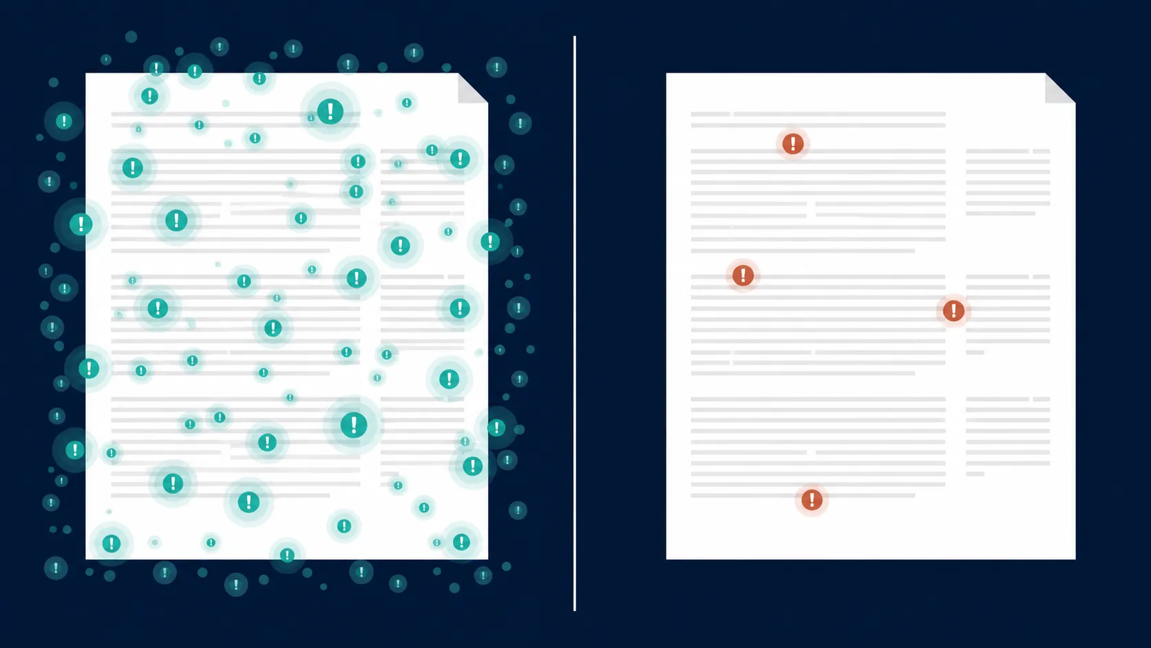 A legal document with many noisy alert markers beside a document with fewer precise markers