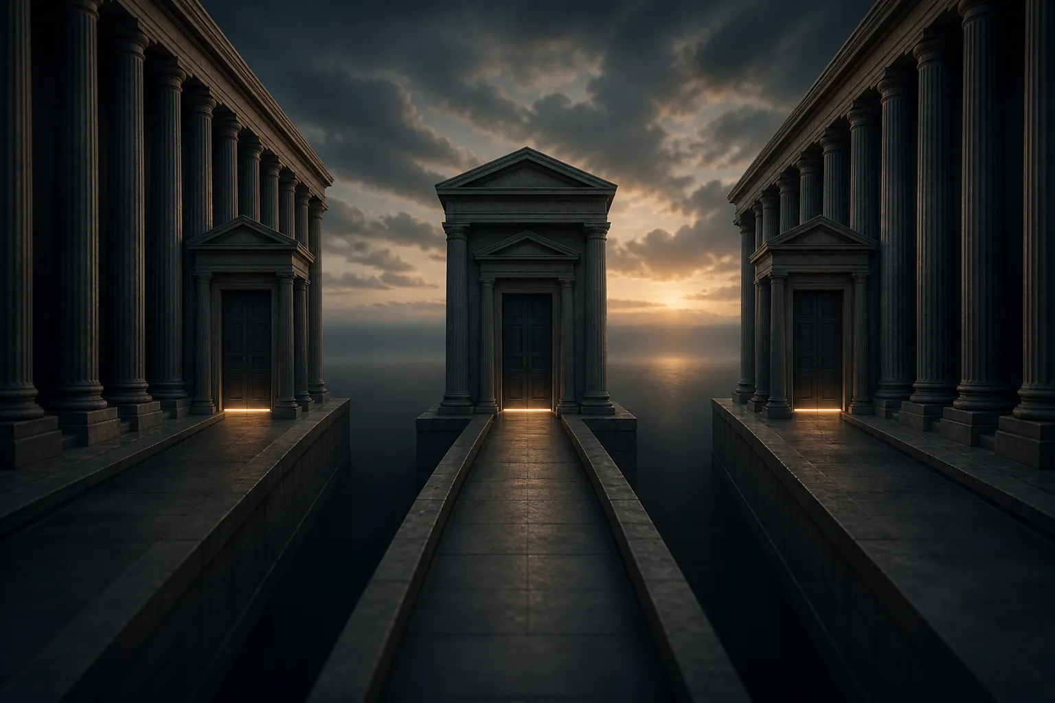Three parallel courthouse colonnades suggesting separate unfinished legal proceedings