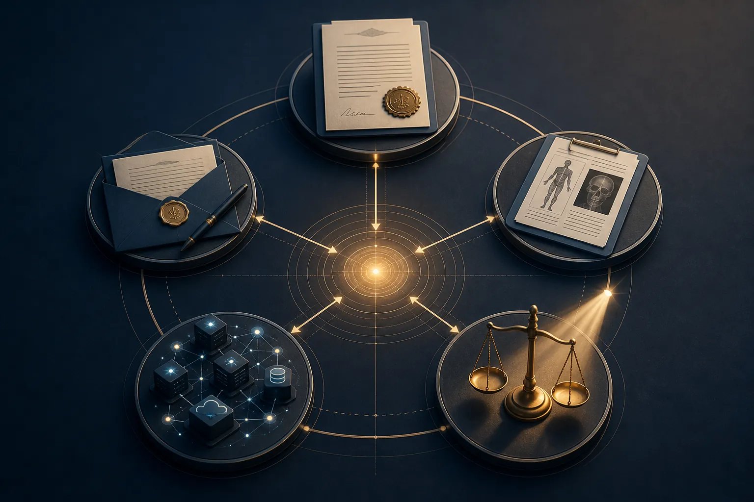 Conceptual illustration of estate papers, preservation letters, medical review, digital records, and legal scales connected as one pre-suit strategy