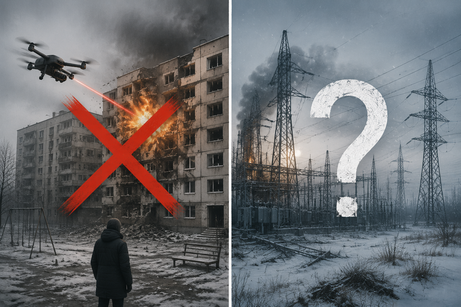 Split illustration contrasting a drone attack on a residential building with a dual-use energy infrastructure strike in winter