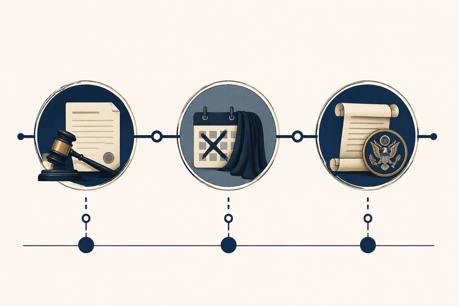 Timeline showing a court ruling, a death notice, and congressional impeachment papers in sequence