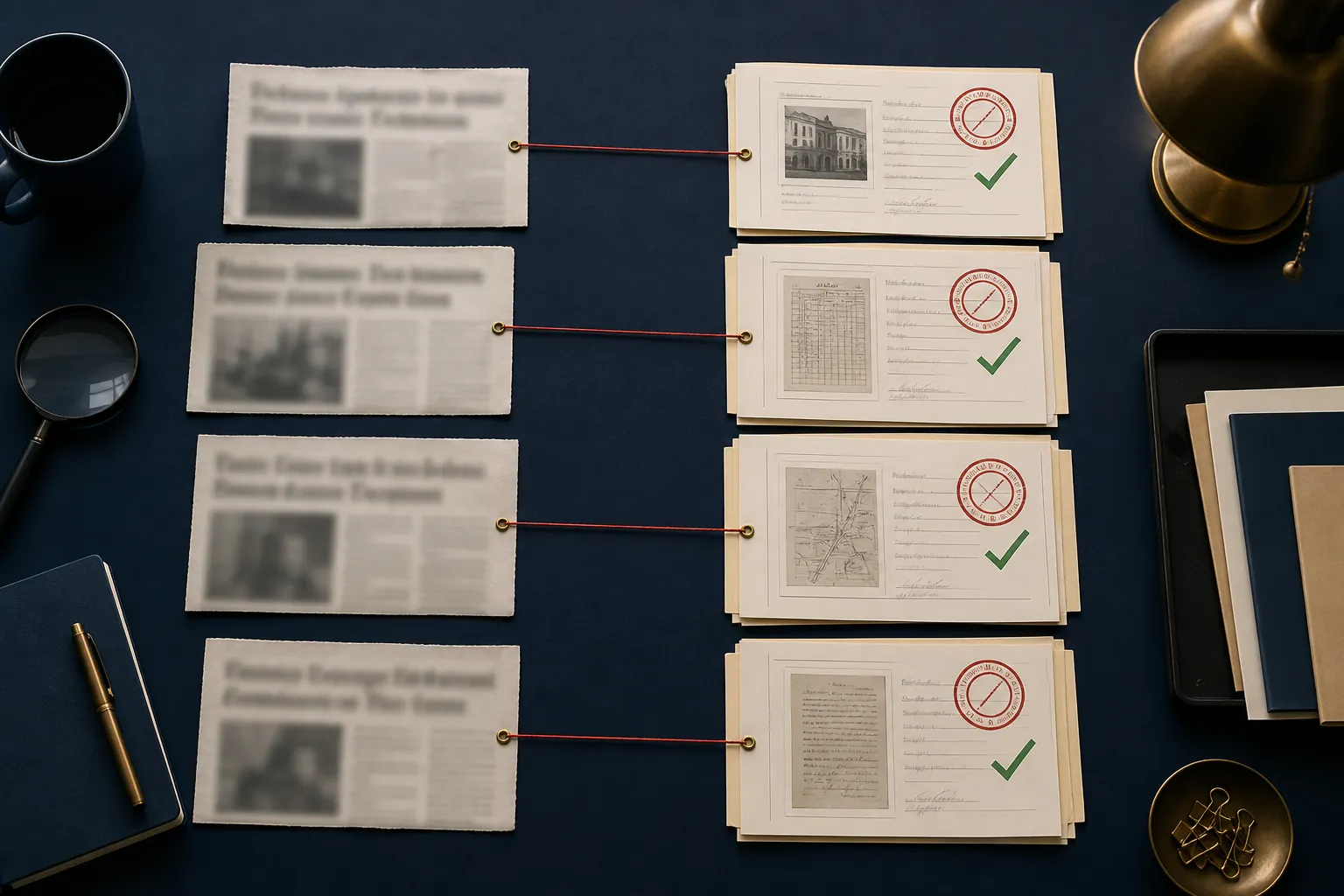 Verification desk with headline clippings connected to archival documents for claim-to-source checking