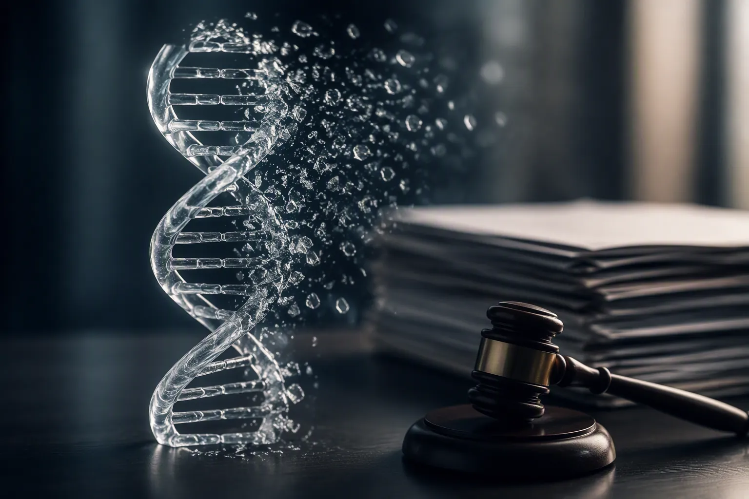 DNA double helix dissolving beside legal documents and a gavel