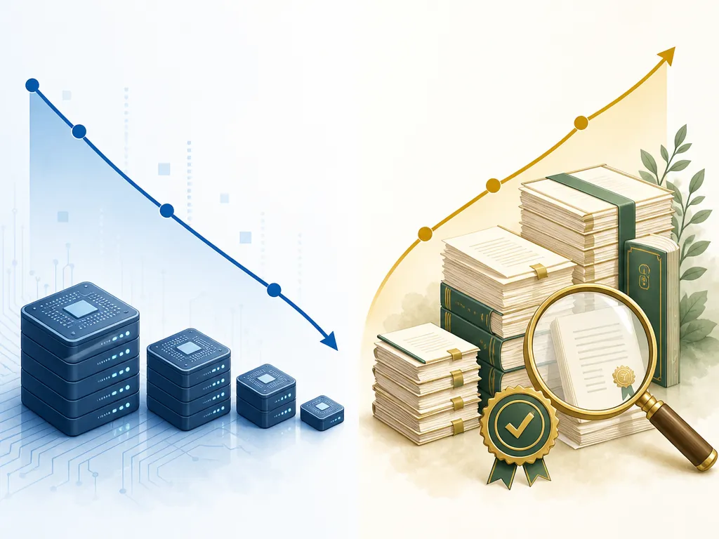 Downward curve over server chips and upward curve over legal documents with citation verification