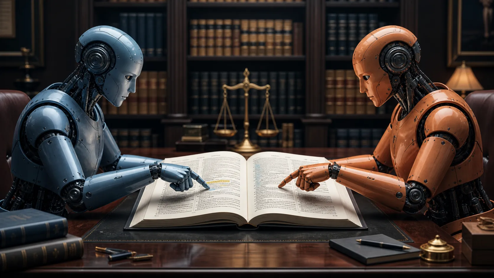 Two AI systems compare highlighted footnotes across a law-office desk