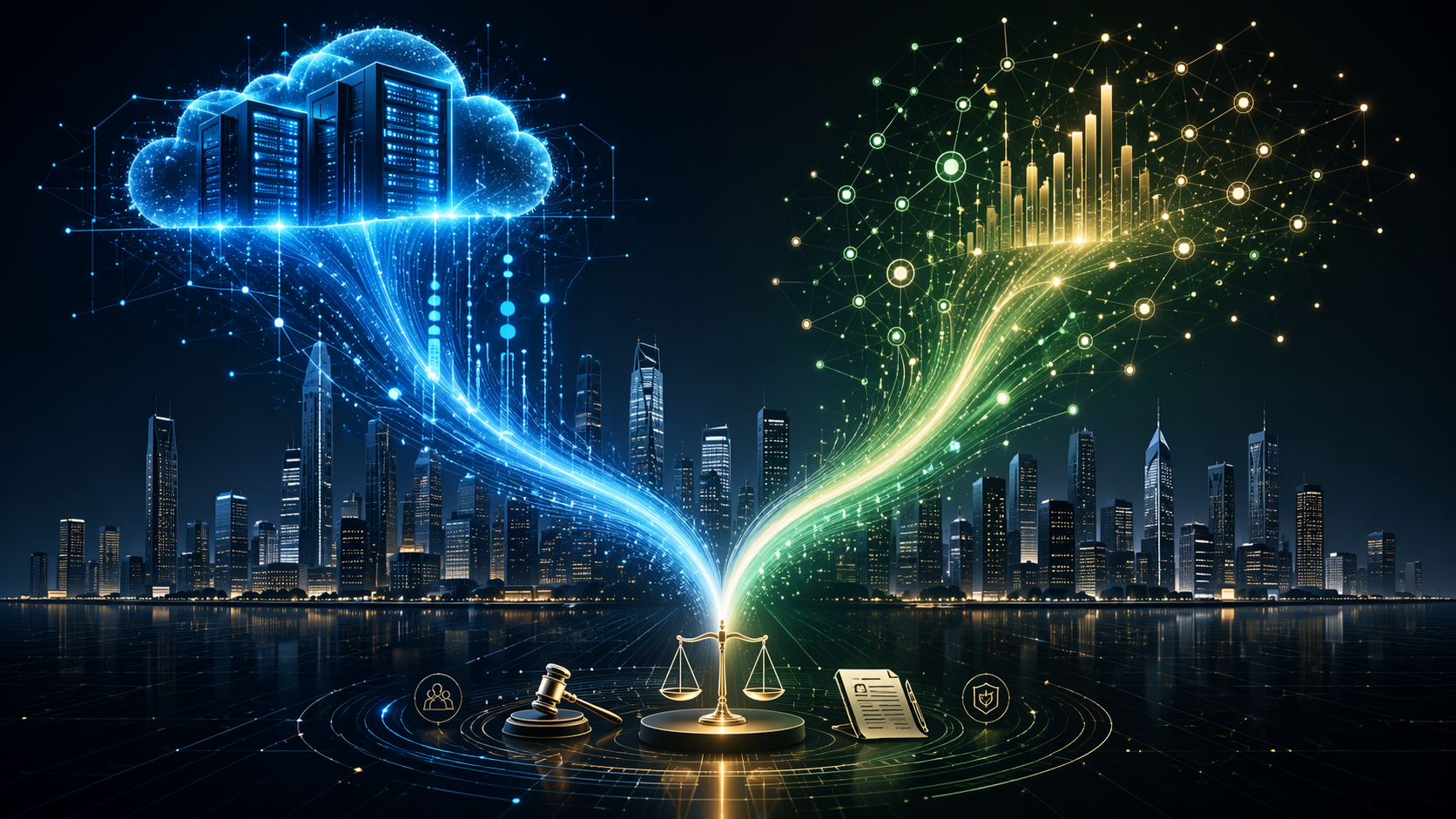 Abstract illustration of cloud infrastructure and venture capital streams converging into legal symbols