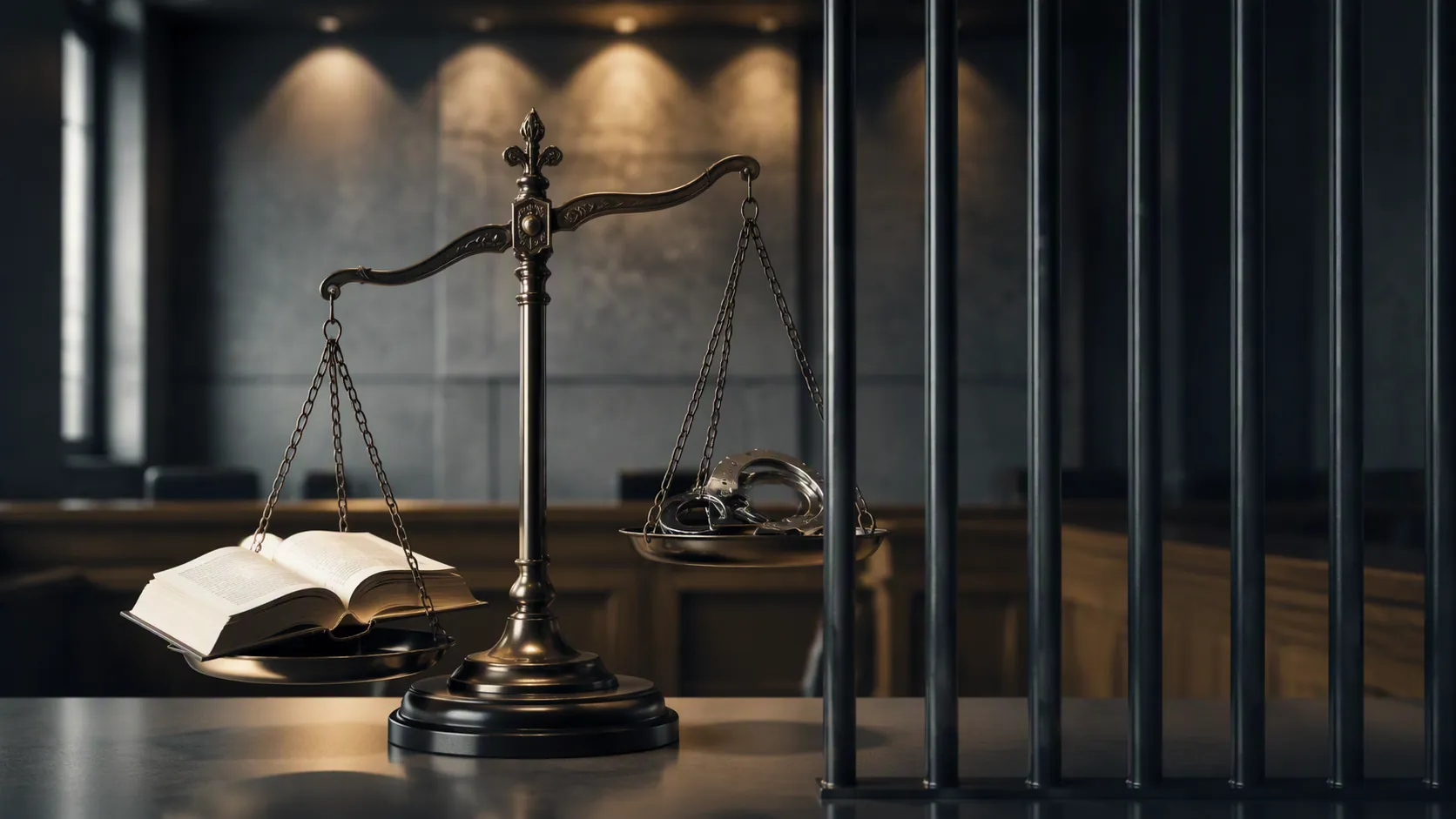 Balance scale of justice behind metal bars with a law book and handcuffs in a muted courtroom setting