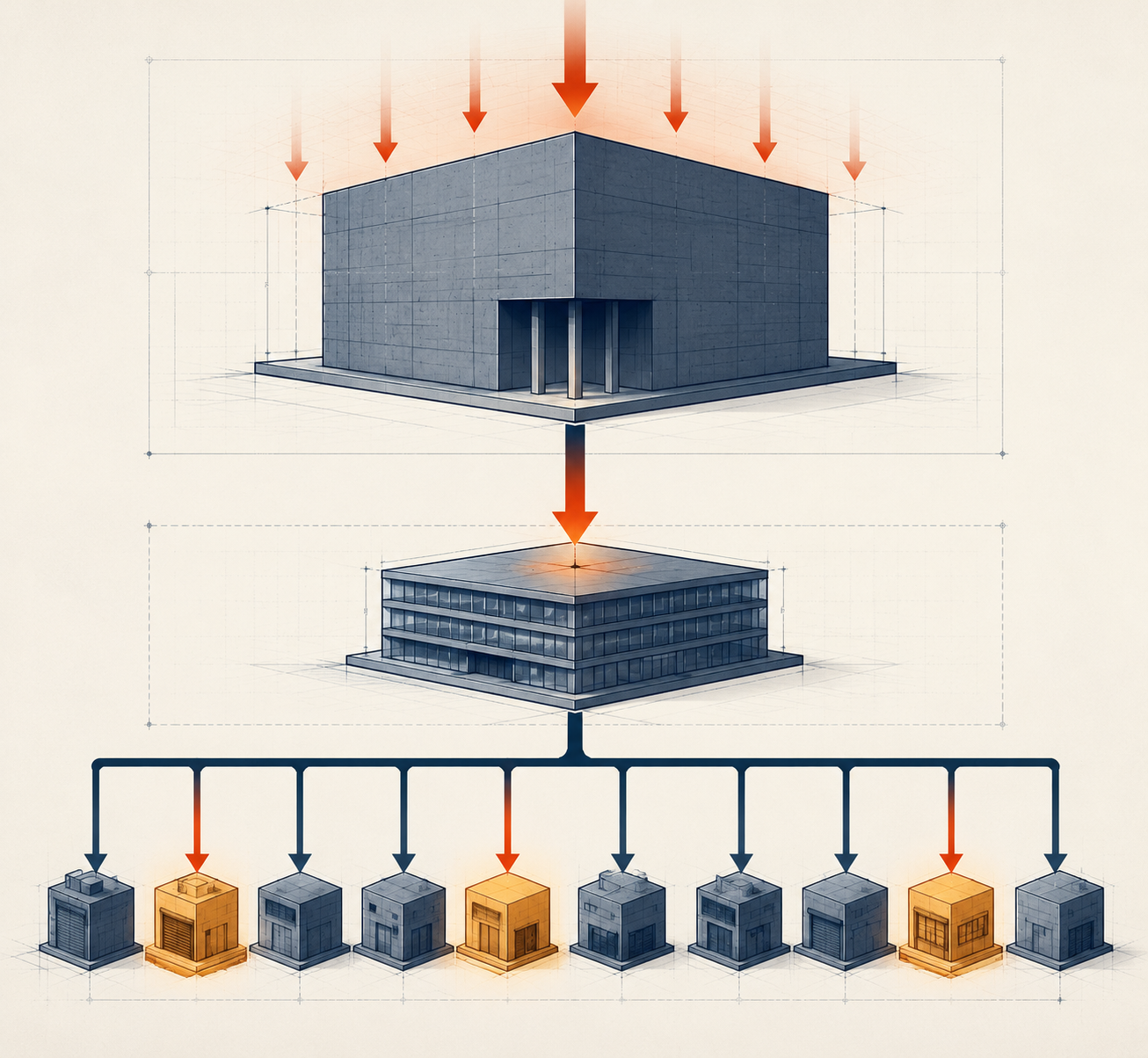 Three-tier contracting hierarchy showing an owner connected to a construction manager and many subcontractors below