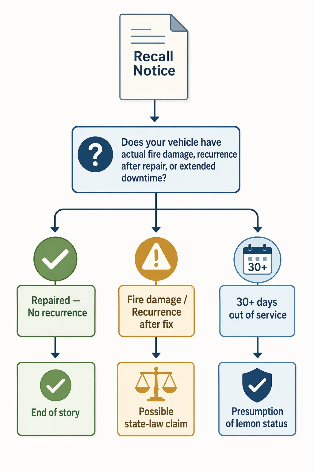 Editorial decision tree showing recall notice paths for repair, recurrence, fire damage, and extended downtime