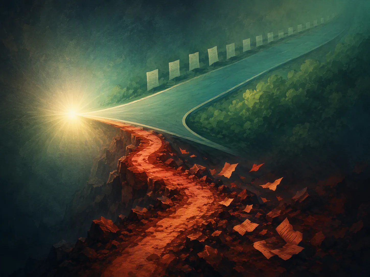 Diverging document paths representing legal AI benchmark results that vary by task type