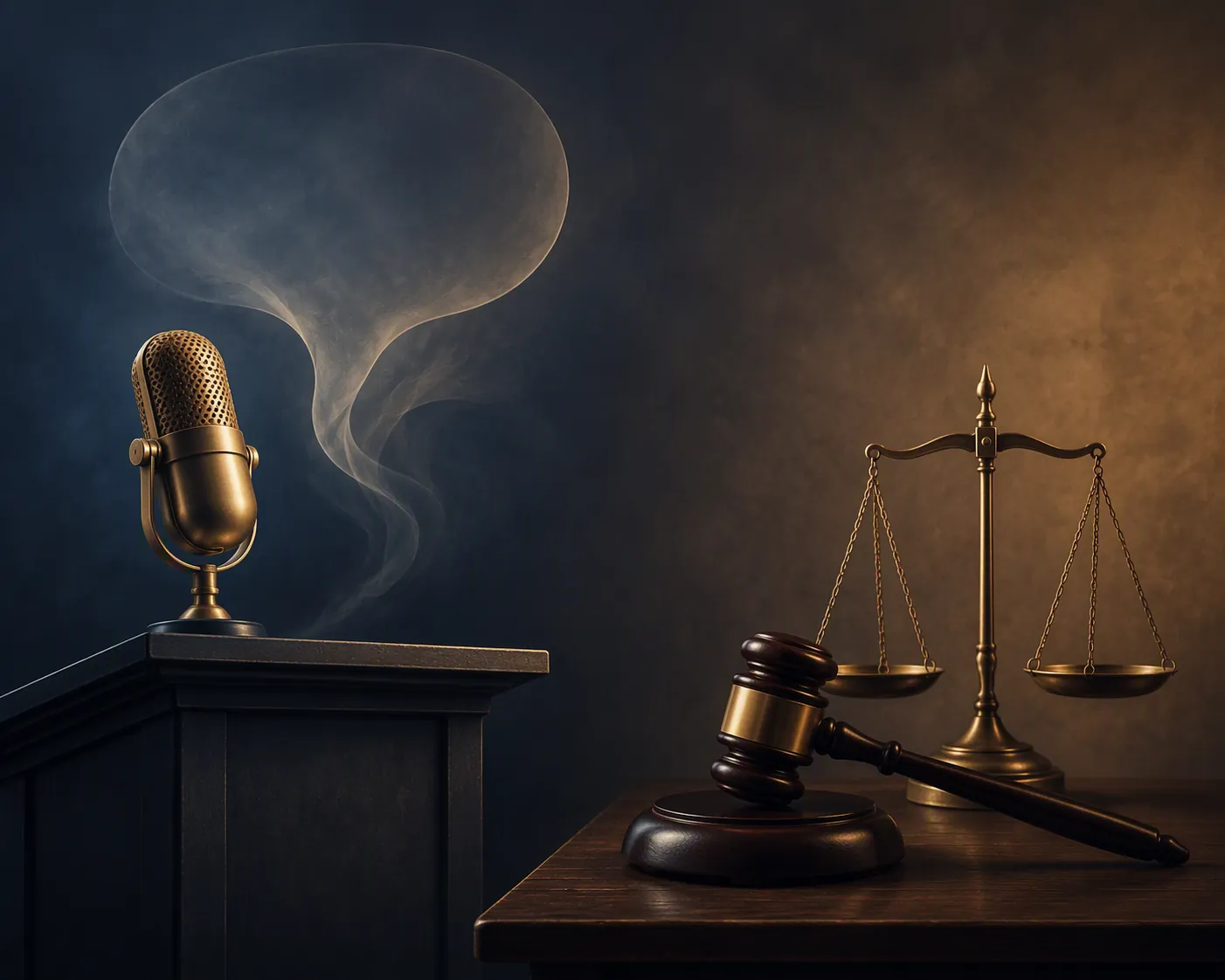 Microphone, gavel, and scales of justice symbolizing tension between public political speech and defamation law