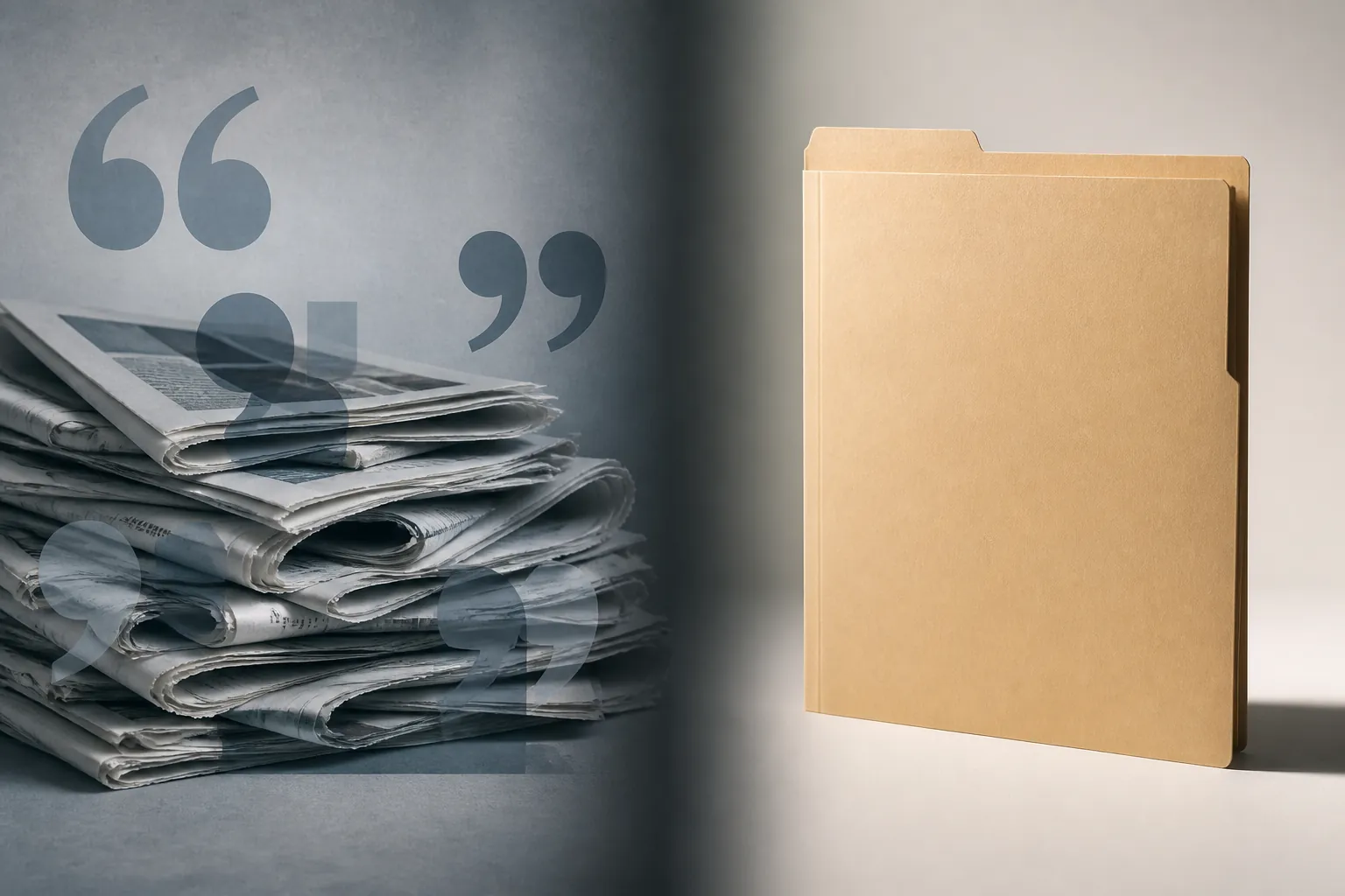 Split illustration contrasting newspaper pages and agency quotations with an empty immigration dossier