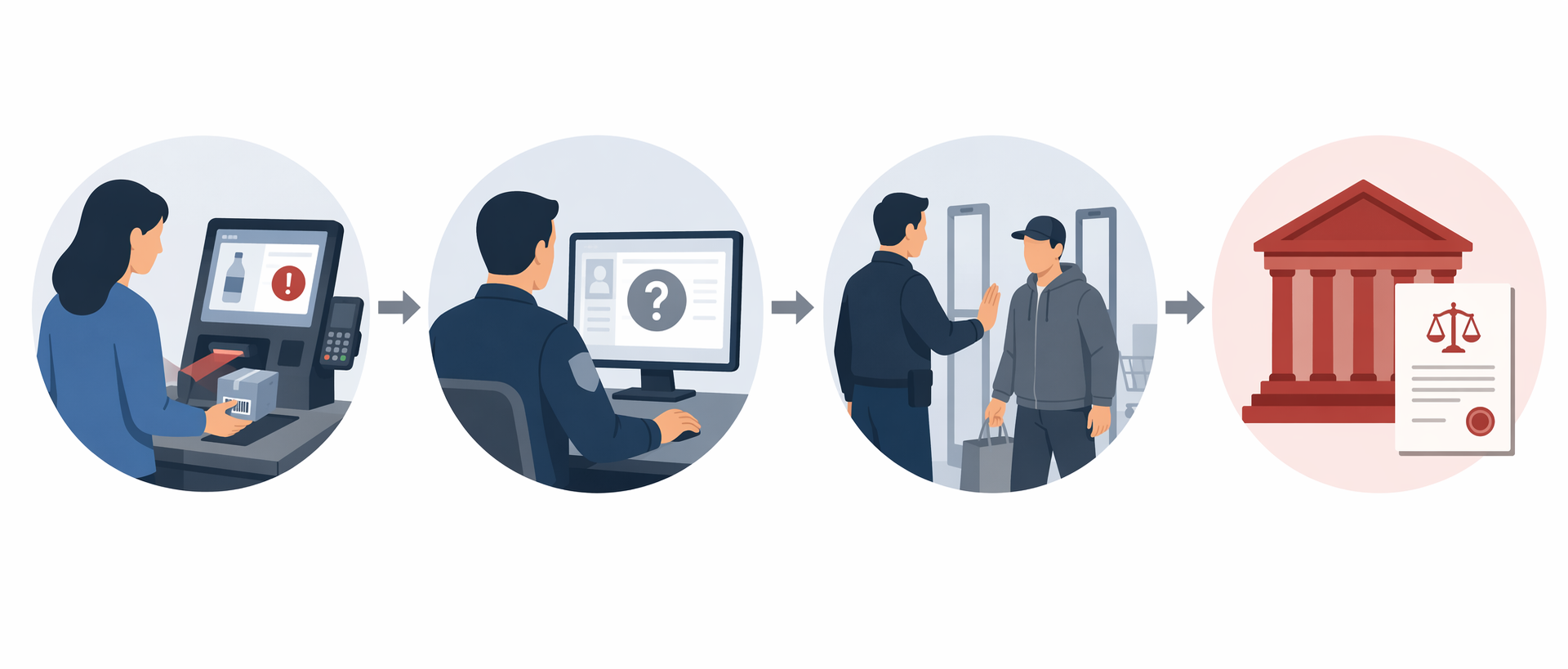 Flowchart showing a self-checkout error, employee review, customer stop, and courthouse stage