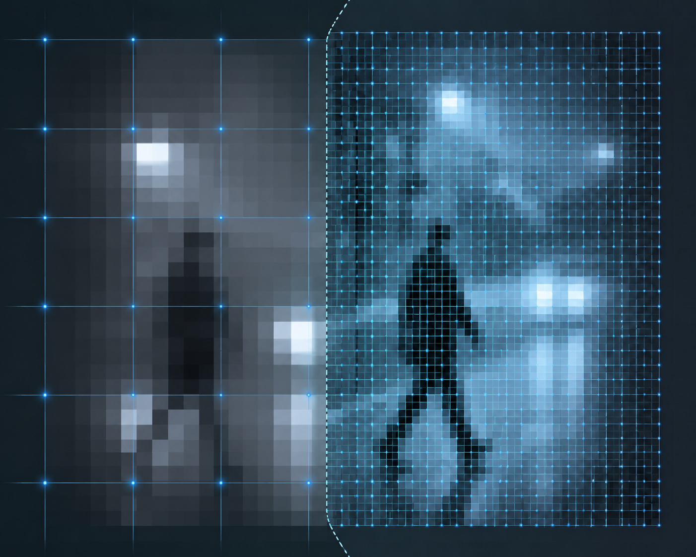 Side-by-side illustration of original sensor pixels and algorithm-generated interpolated pixels