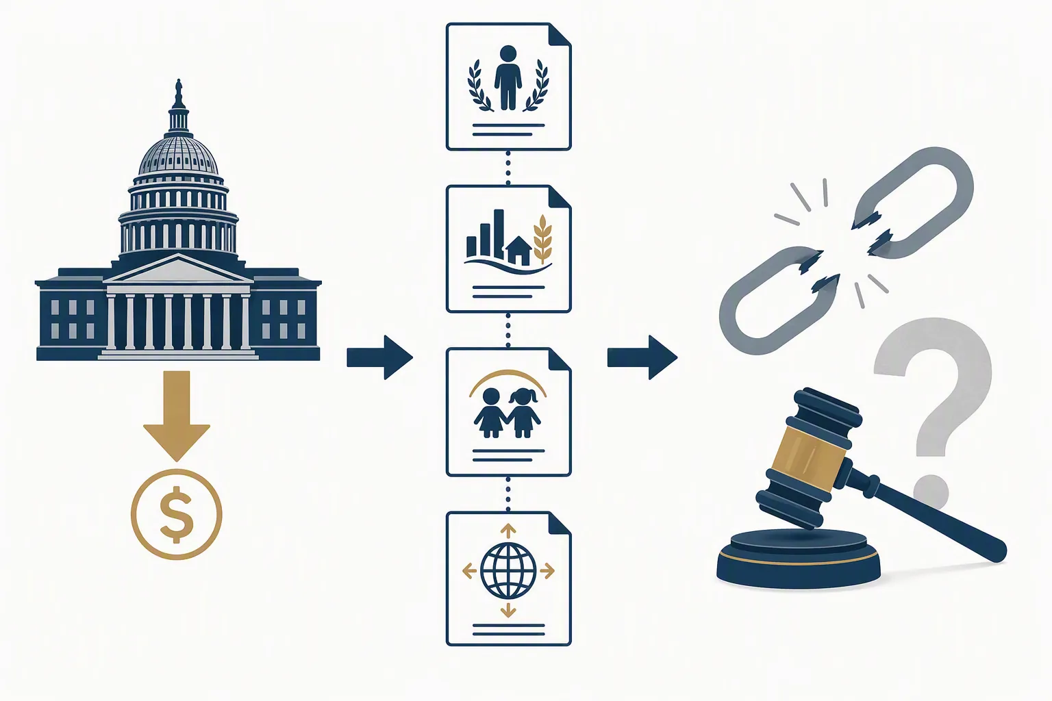 Diagram of U.S. funding withdrawal leading to legal documents and an uncertain enforcement link