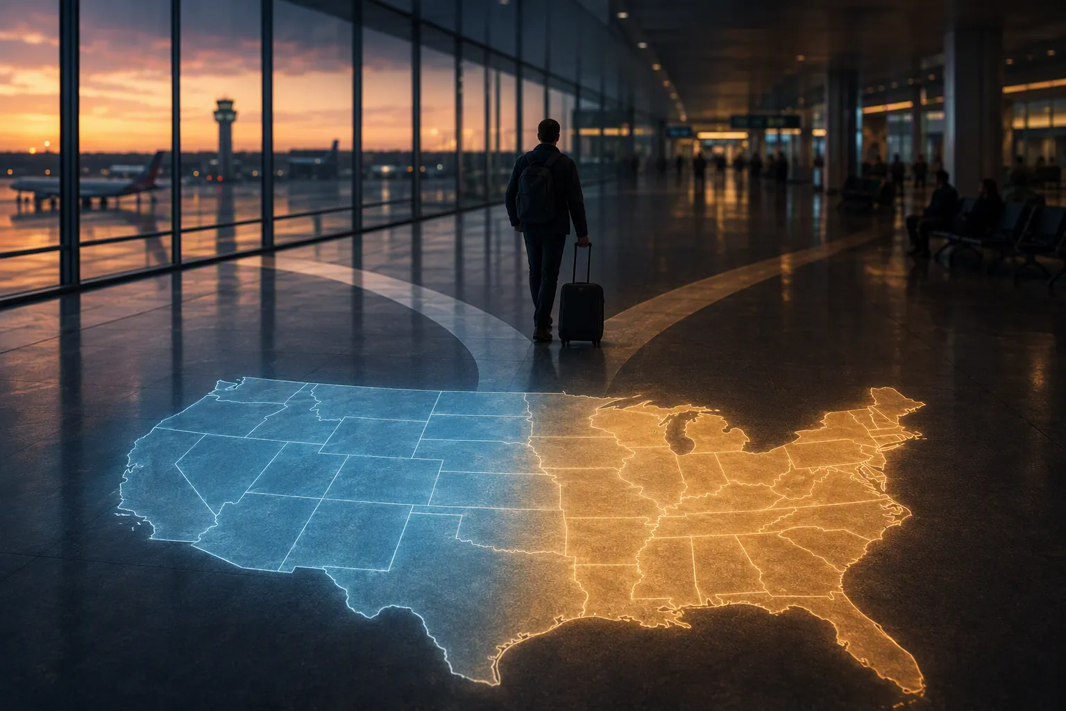 Airport arrival concourse with a reflected United States map split into cool and warm zones