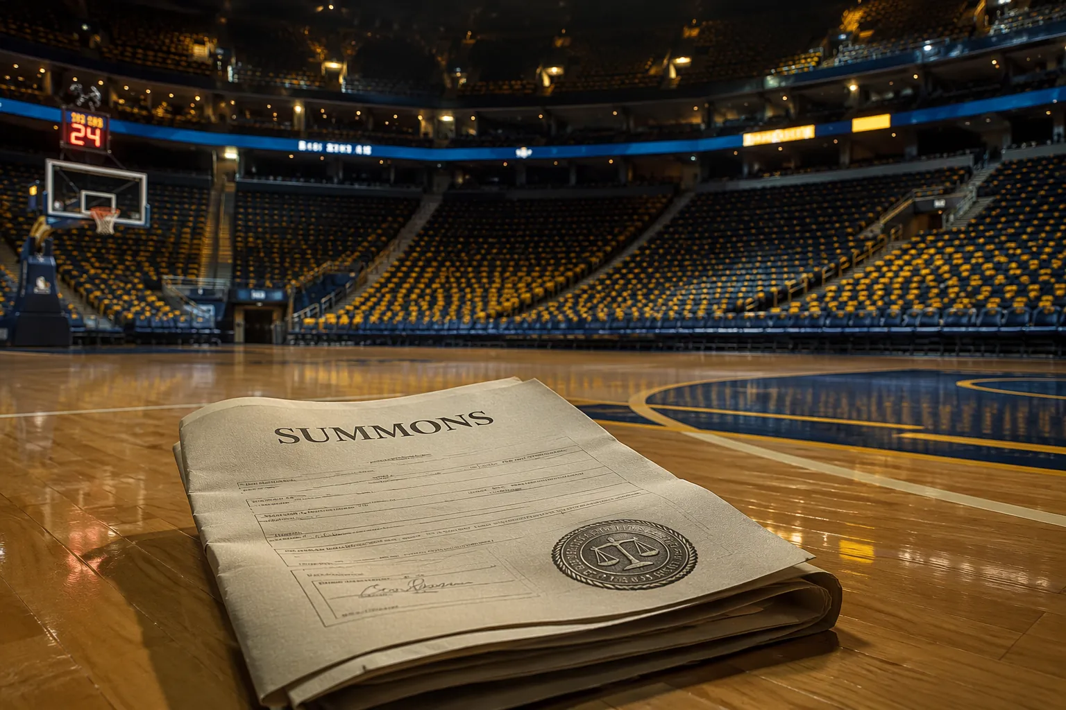 Court document on an empty basketball arena floor under arena lights