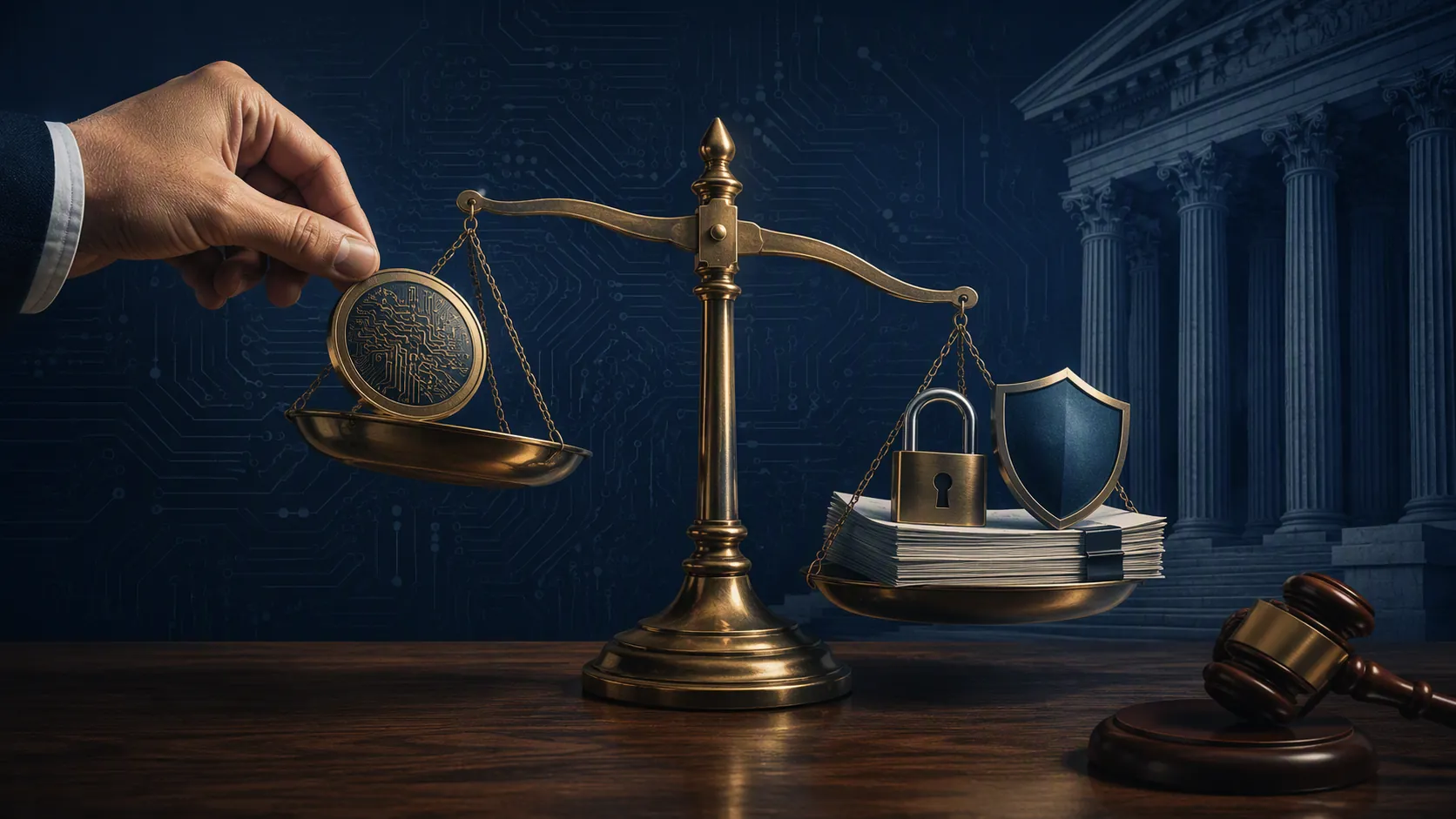 Scales of justice balancing a digital coin against secured legal documents