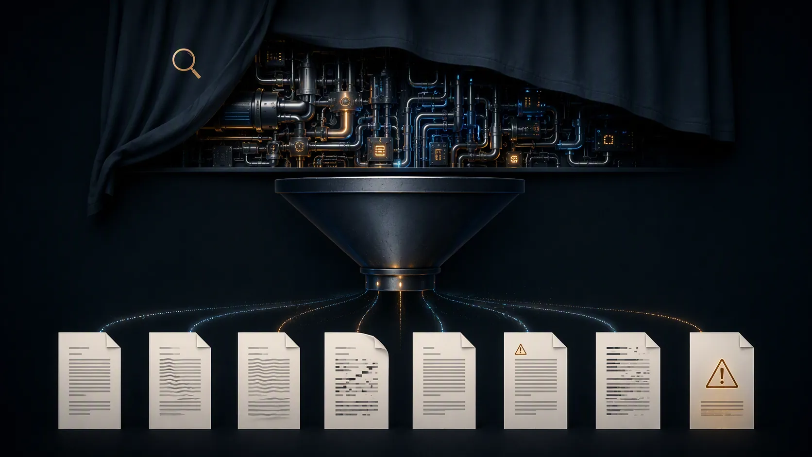 Law briefs exiting a funnel with hidden machinery and varied output quality