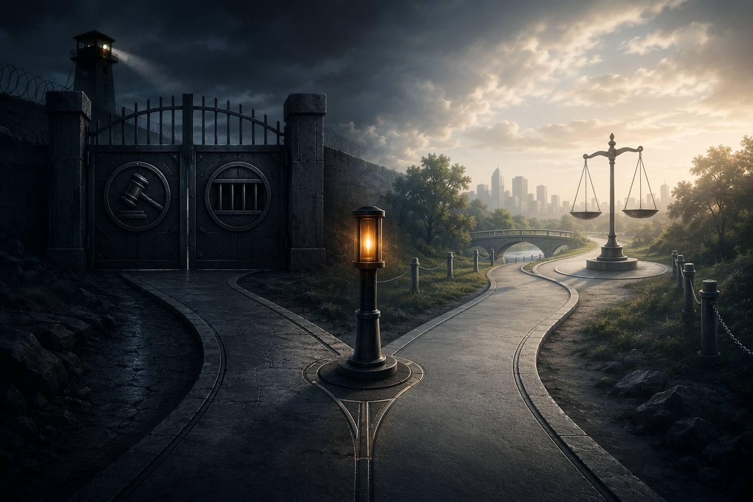 Editorial illustration of a legal sentencing fork, with one path blocked by a barred gate and another path leading toward probation