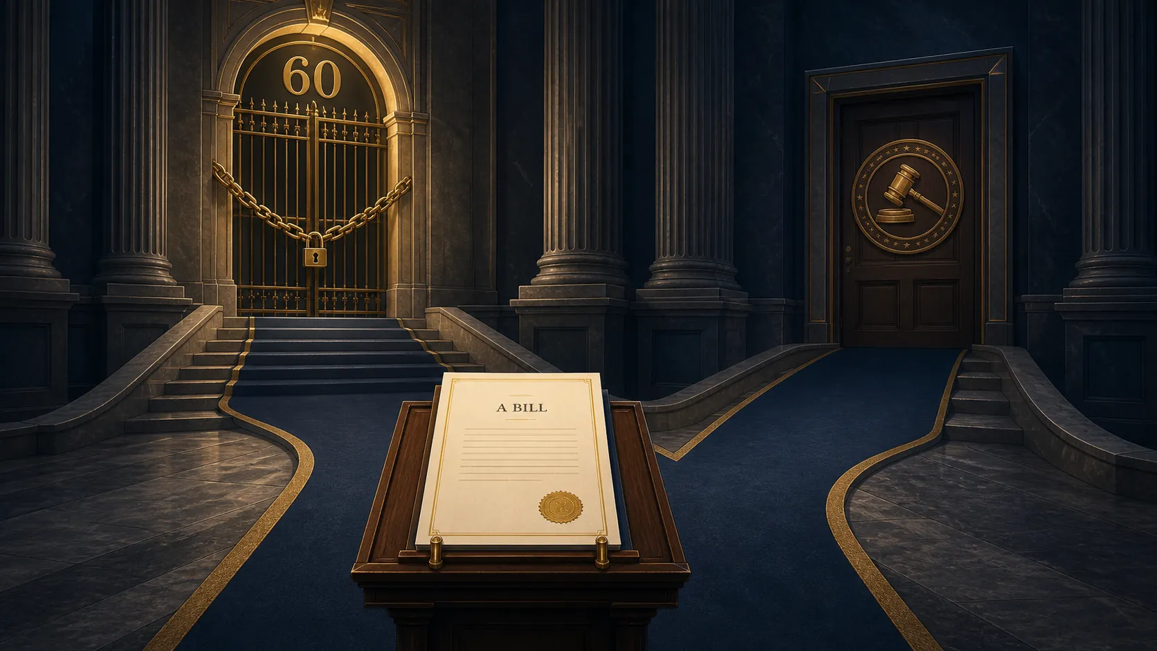 Bill document stalled in a Senate chamber with paths toward a 60-vote gate and a gavel-sealed procedural door