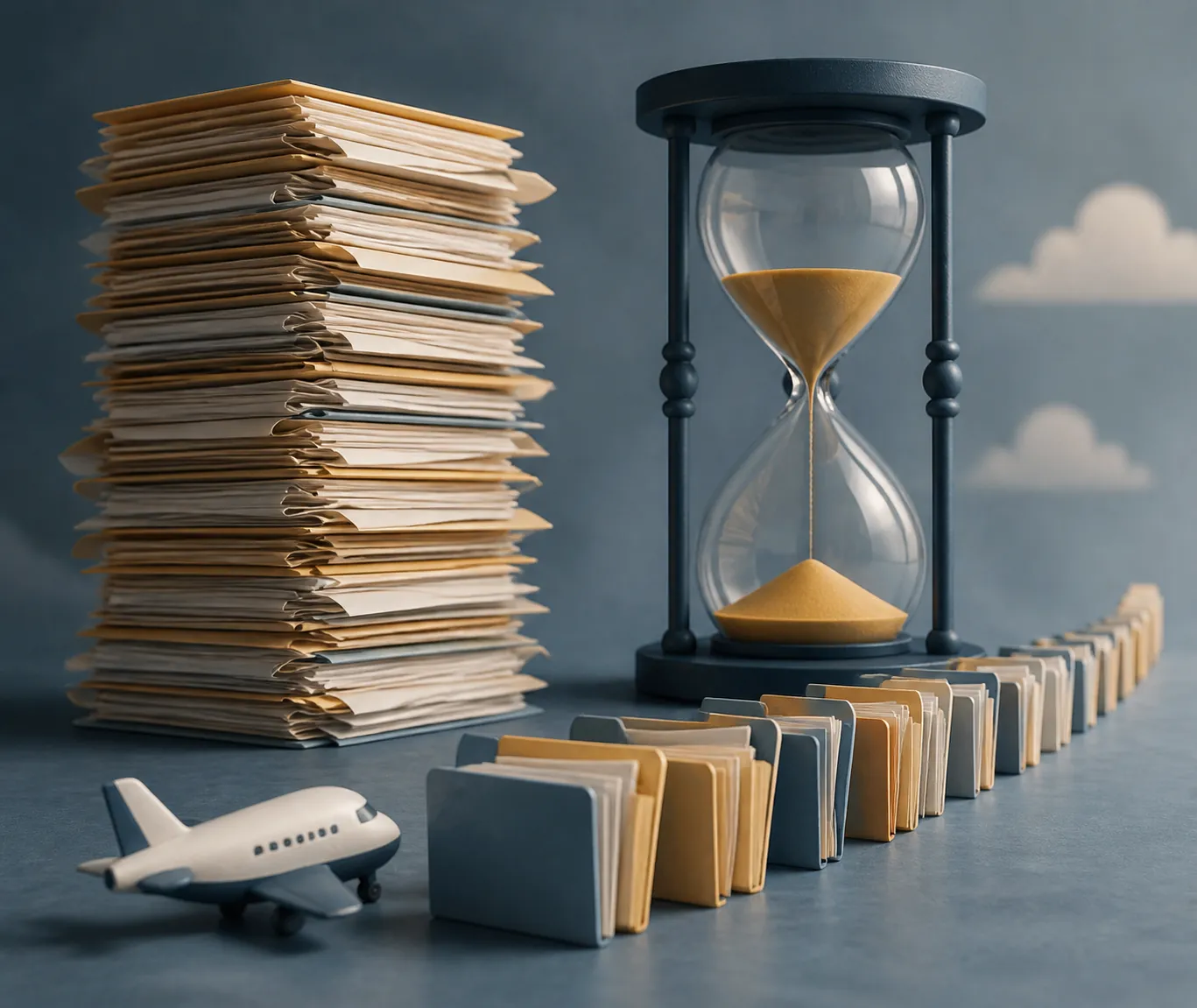 Stacked complaint files and an hourglass representing a slow airline complaints process