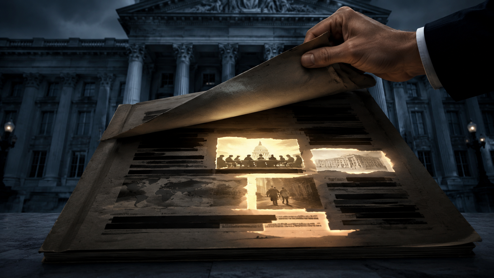 A hand partially unsealing a classified document with some sections illuminated.