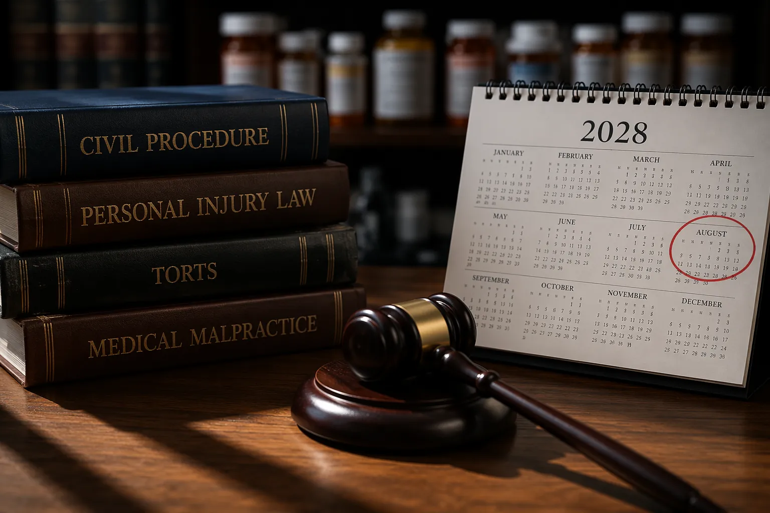 Legal desk with calendar showing August 2028 circled, law books, gavel, and prescription bottles