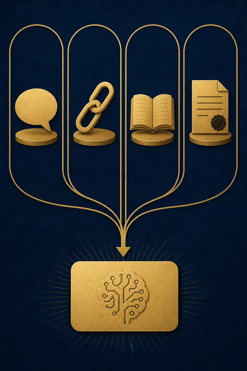 Four parallel legal tracks converging into one AI answer card