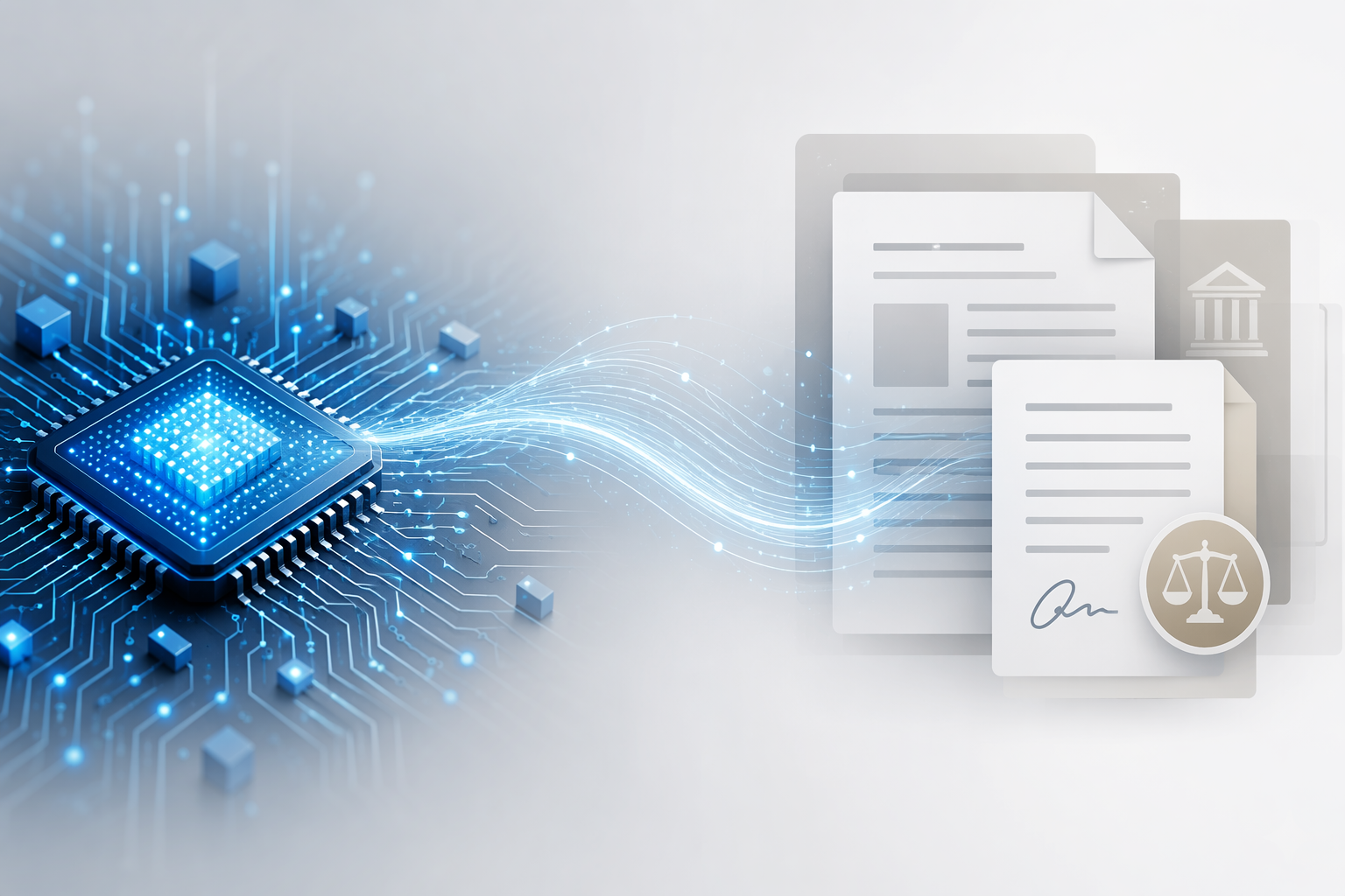 Abstract illustration connecting AI chip infrastructure with legal document review