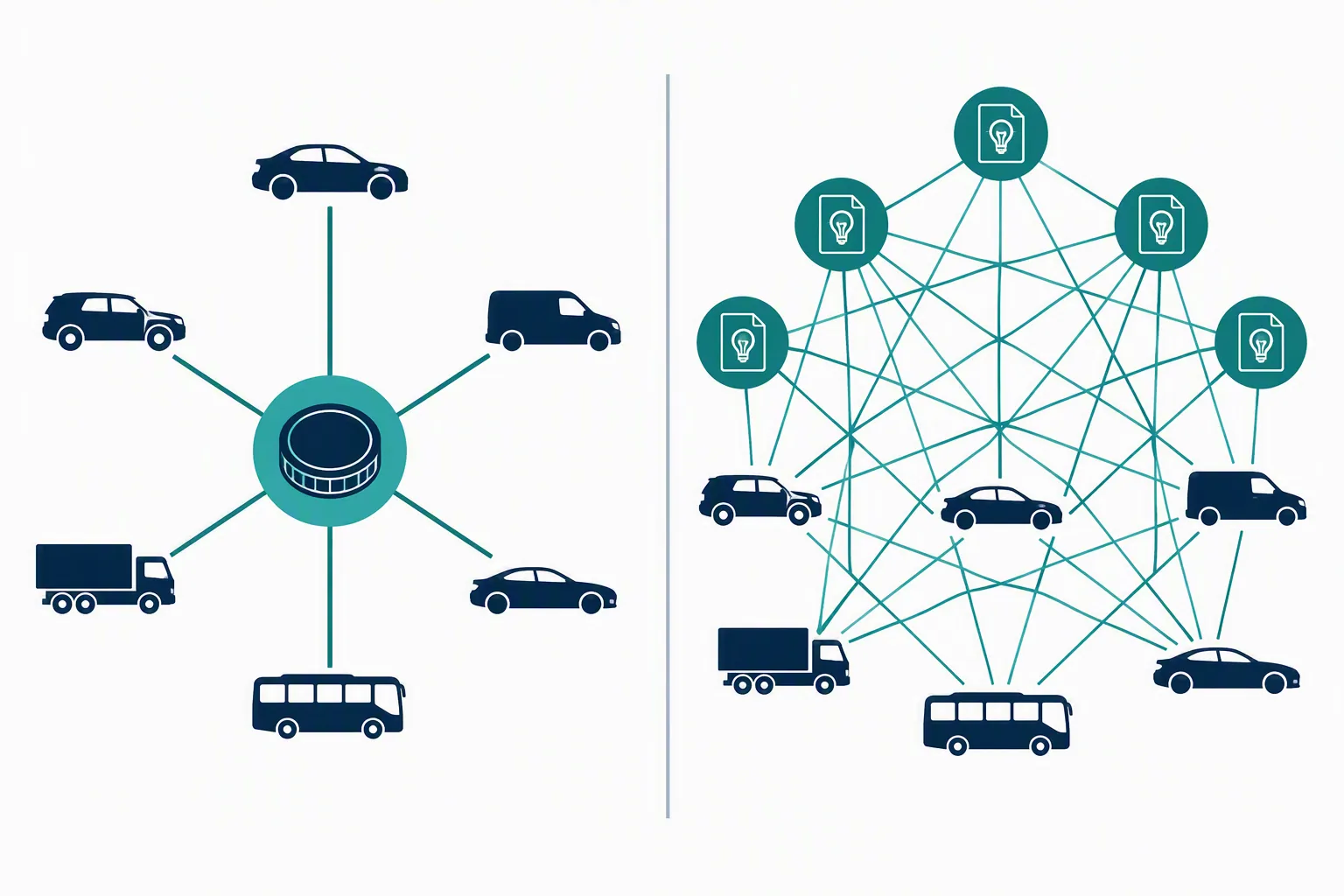 Conceptual comparison of a central patent-pool licensing hub and a dense network of bilateral patent licences
