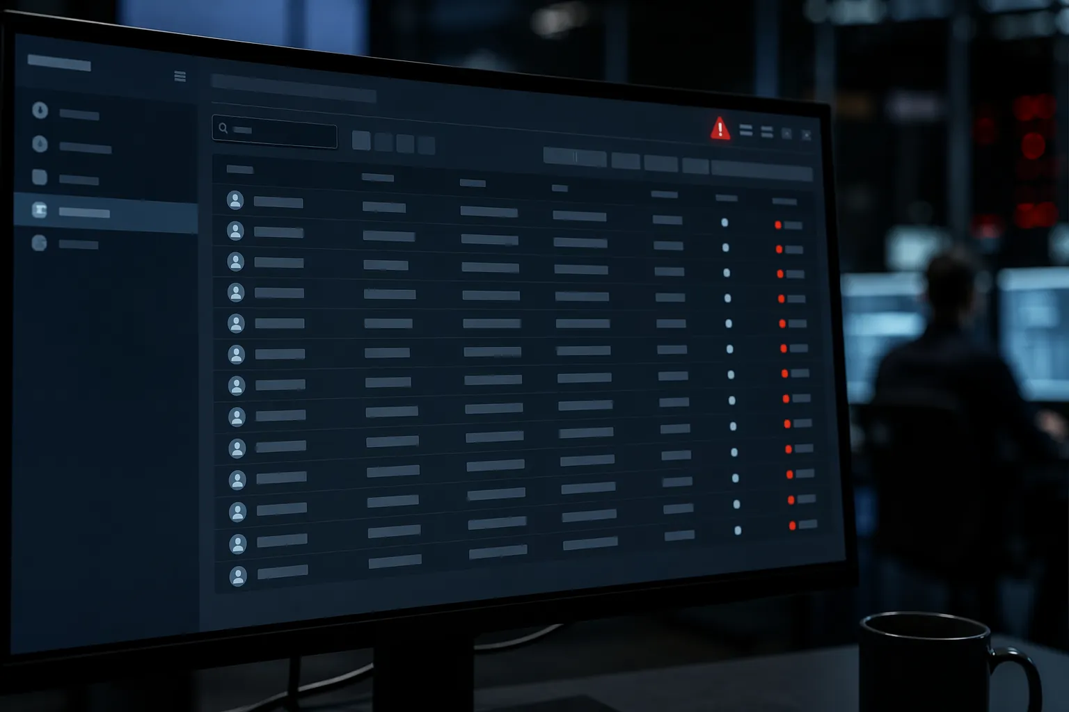 Computer dashboard showing access logs and search records with a subtle warning indicator