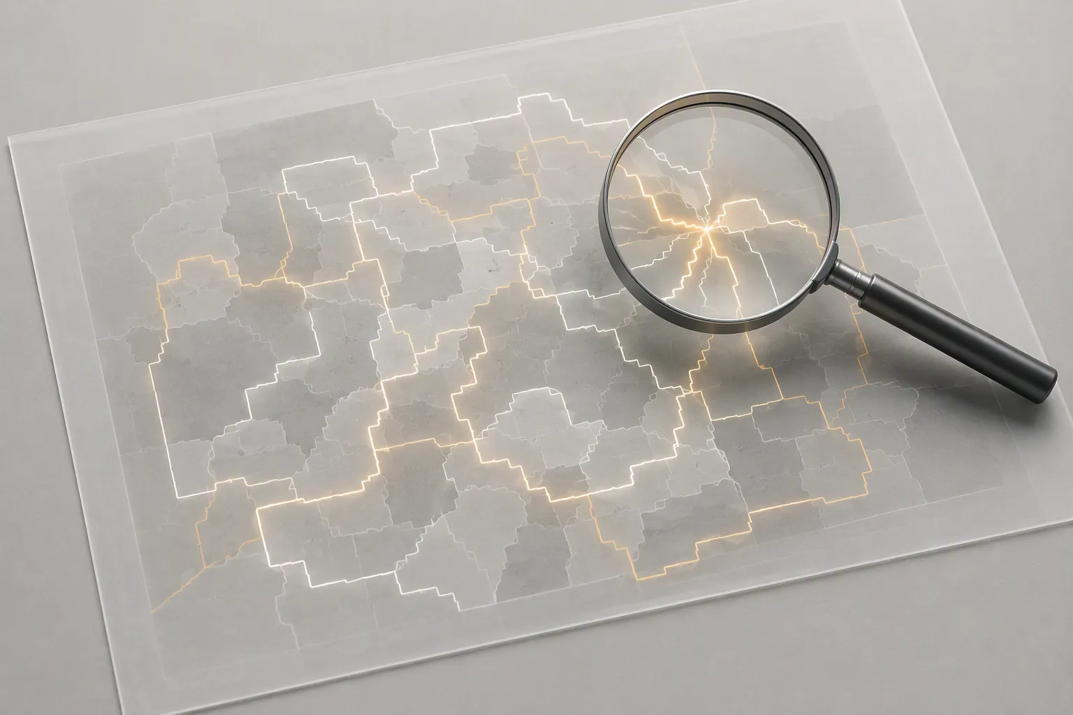 Magnifying glass over layered algorithmic redistricting simulation boundaries