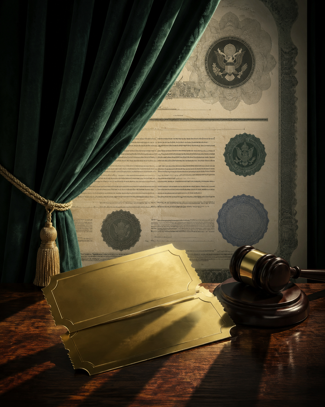 Editorial illustration of a legal document with government seals and ticket stubs on a desk beside a gavel, with a theater curtain partially drawn back