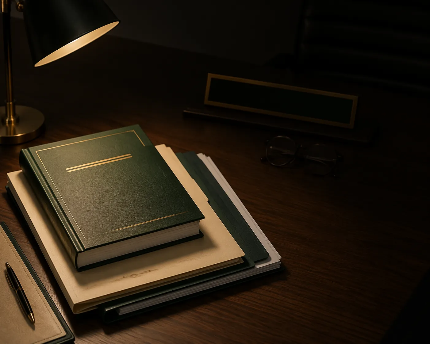 Law-firm compliance documents on a desk with a partner-level nameplate in shadow