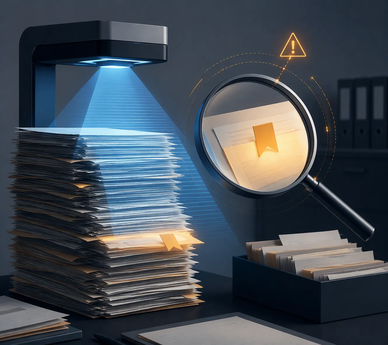 Automated government benefits case files scanned by a document-reading system with one file flagged for review
