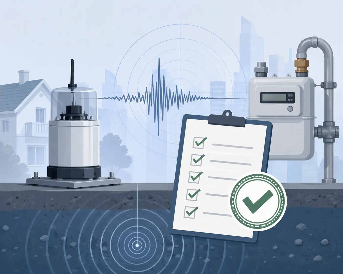 Automated gas safety meter and seismic monitoring device with a no-abnormalities inspection checklist over seismic wave patterns